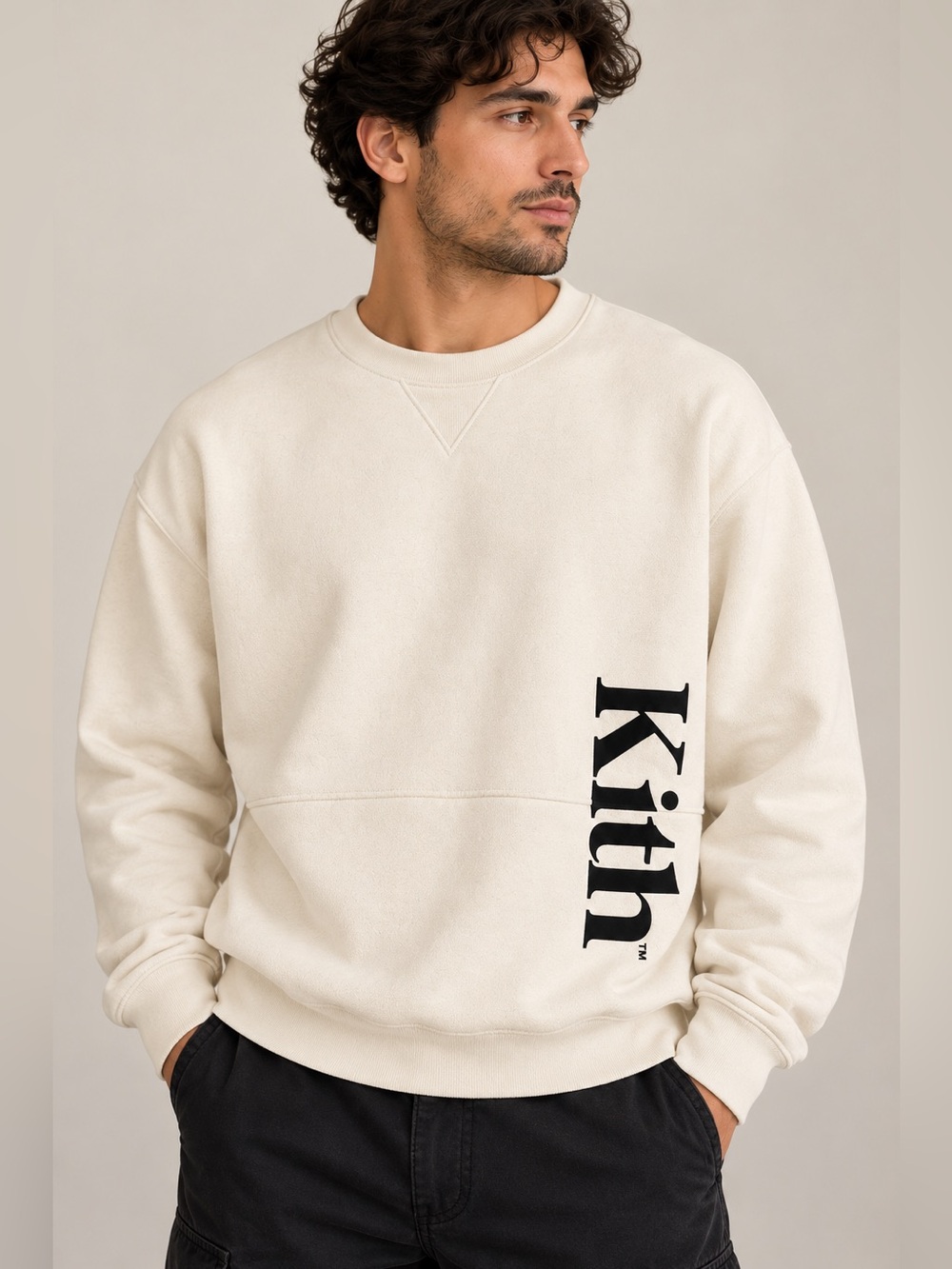 Kith Sweatshirt Men's XL Cream Cotton Reverse Paneled Fleece Crewneck Streetwear